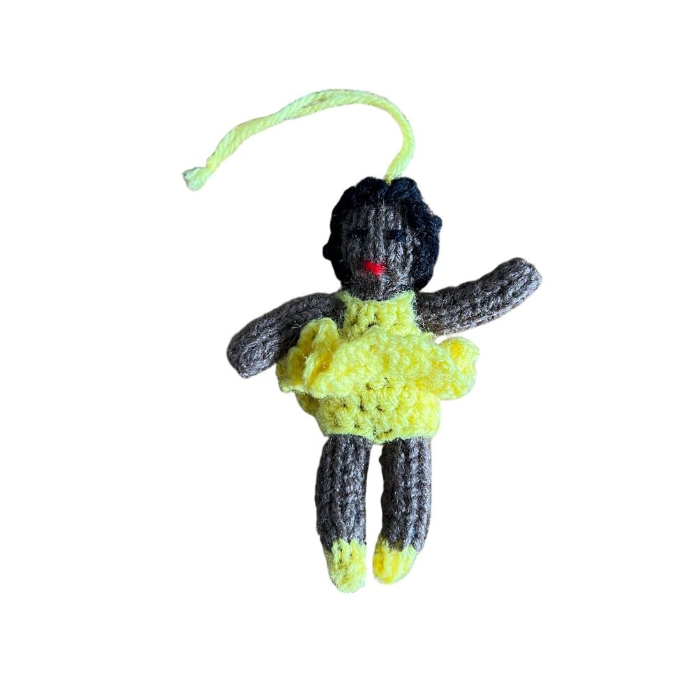 Vintage African American Crocheted Ballerina Ornament Yellow Dress and Slippers